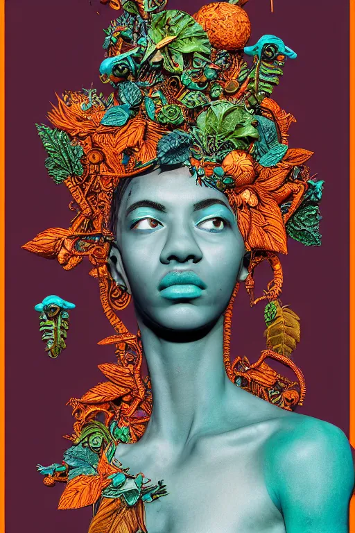 Prompt: cinema 4d colorful render, organic, dark scene, ultra detailed, of a porcelain beautiful lil Nas X face. biomechanical, analog, macro lens, hard light, big leaves and large orange Dragonflies, stems, roots, fine foliage lace, turquoise gold magenta mint green details, high fashion haute couture, art nouveau fashion embroidered, intricate details, mesh wire, mandelbrot fractal, anatomical, facial muscles, cable wires, elegant, hyper realistic, in front of dark flower pattern wallpaper, ultra detailed