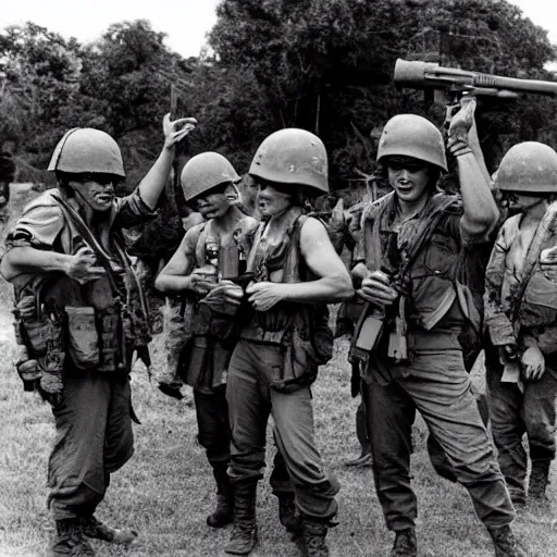 Image similar to soldiers taking a picture with a tyrannosaurus rex in the vietnam war, black and white, eddie adams, david burnett, robert capa, al chang, niel davis, marc riboud