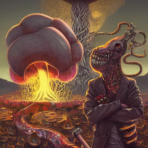 Image similar to A centered chest up portrait of a psychedelic demonic anthropomorphic snake smoking a hand-rolled cigarette smoking heavily , magic mushroom village in background , award winning. superb resolution. in the art style of junji Ito and greg rutkowski . Detailed Mushroom city in background. Hyper realistic anime. Perfect art. Dalle2