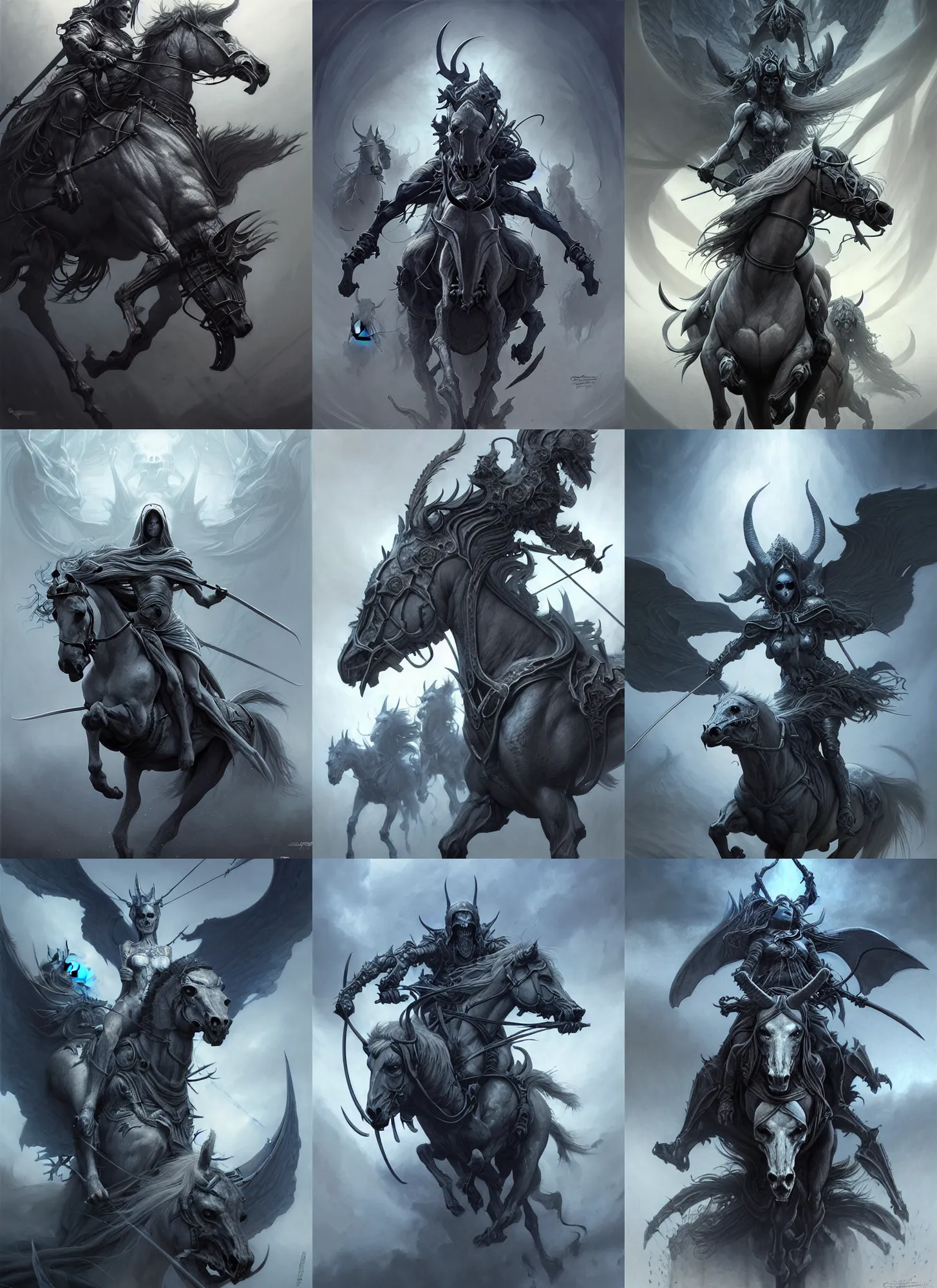 Image similar to concept art by artgerm, death of the four horsemen of the apocalypse, soft grey and blue natural light, intricate, queen of death riding, highly detailed dark art, digital painting, artstation, concept art, smooth, sharp focus, illustration, art by greg rutkowski and luis rollo and uang guangjian and gil elvgren, symmetry!