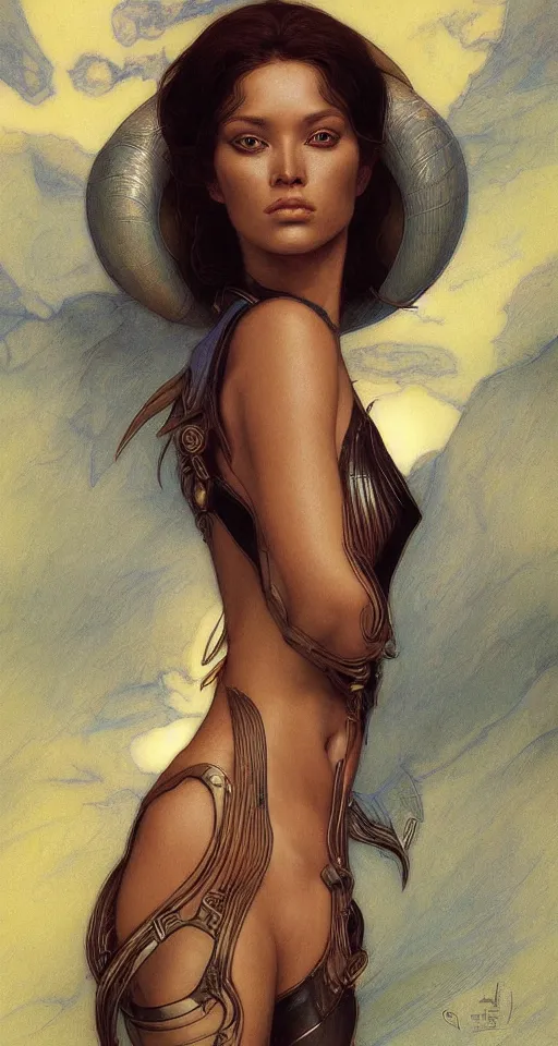 Prompt: a beautiful exotic female from dune, by edgar maxence artgerm ross tran and michael whelan and gustav klimpt