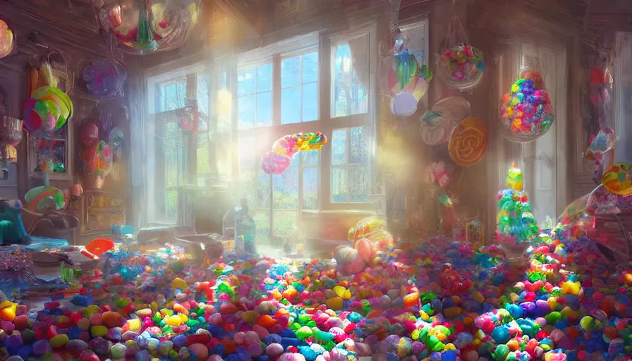 Image similar to house full of candies, sunlight through windows, hyperdetailed, artstation, cgsociety, 8 k