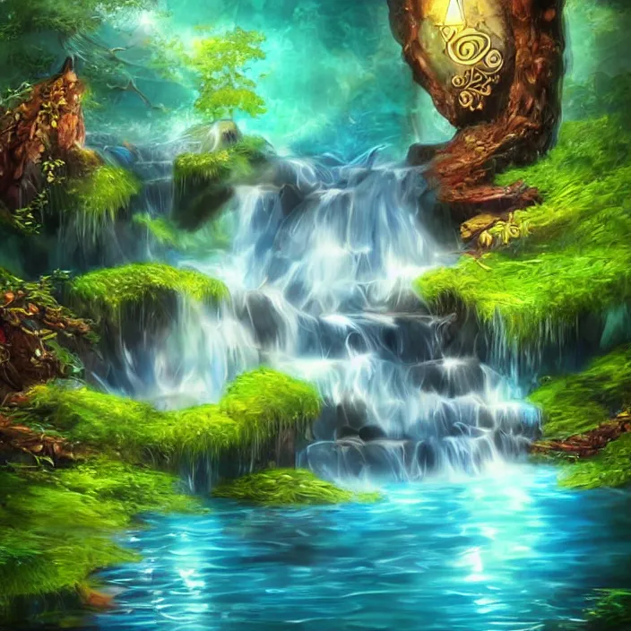 Prompt: Waterfall with treasure hidden behind the water stream, fantasy art style, glowing chest