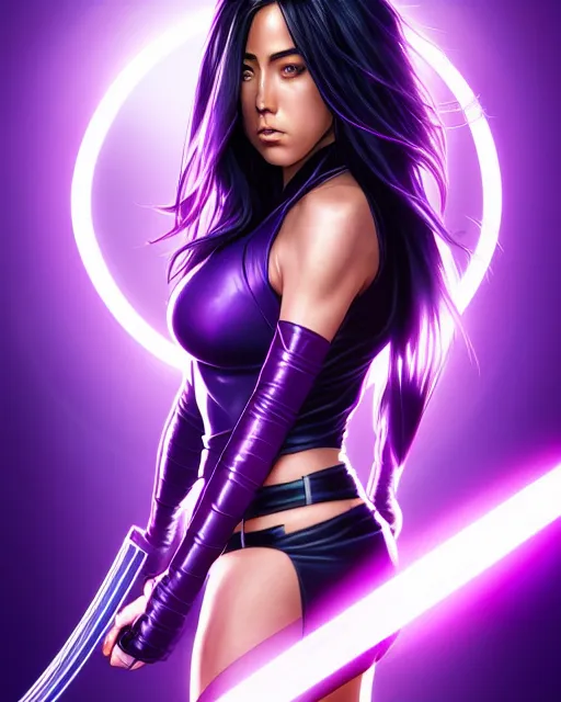 Image similar to Psylocke, Chloe Bennet, long black hair, purple Halo energy sword, realistic character concept, action pose, comic book, illustration, slender symmetrical face and body, artstation, cinematic lighting, hyperdetailed, artgerm, 8k, Rafeal Albuquerque comic book art, single face, insanely detailed and intricate, beautiful