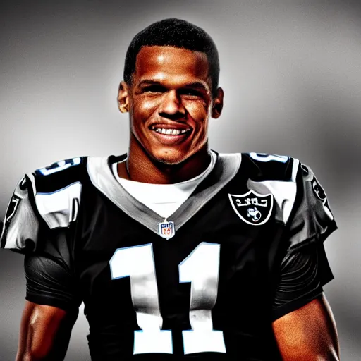 Image similar to Cam newton in a raiders uniform portrait black background