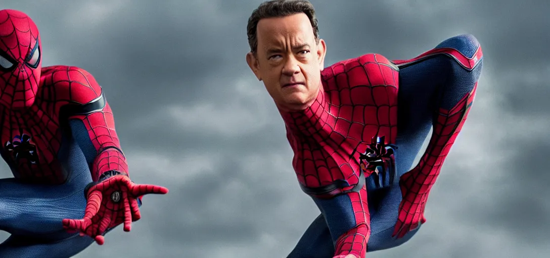 Image similar to Tom Hanks as Spider-Man, film still, wide-shot, full shot, cinematic lens, heroic portrait