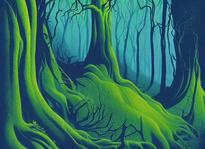 Prompt: an illustration of a monster in a blue and green wispy forest by eyvind earle, concept illustration, detailed