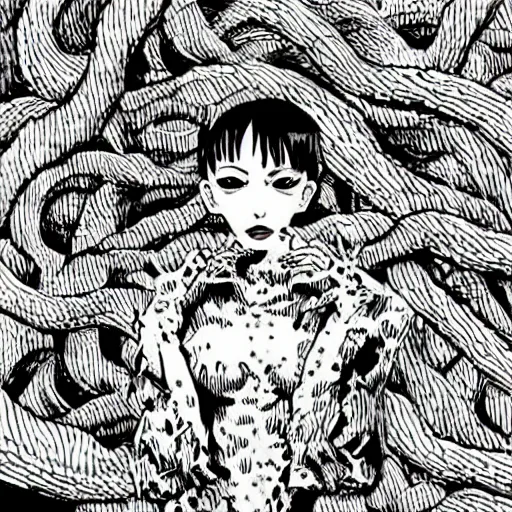 Image similar to a portrait by junji ito lush vine covered backrop