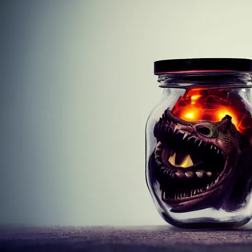 Image similar to Evil monster in a jar by Greg Rutkowski, product photography, centered, studio lightning