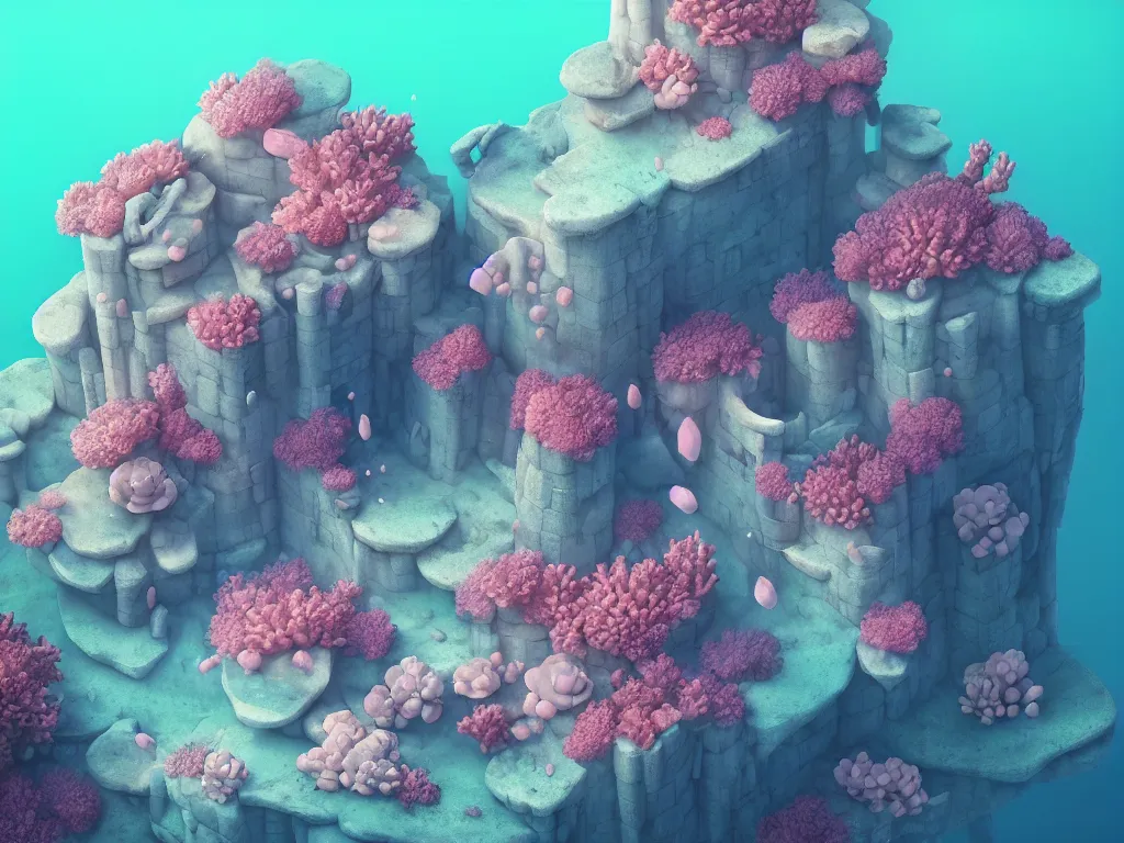 Image similar to stone castle in a coral reef by charlie bowater and anna dittmann and artgerm and clemens ascher, intricate, elegant, pink and blue and green mist, highly detailed, dramatic lighting, sharp focus, octane render, trending on artstation, artstationhd, artstationhq, unreal engine, 4 k, 8 k