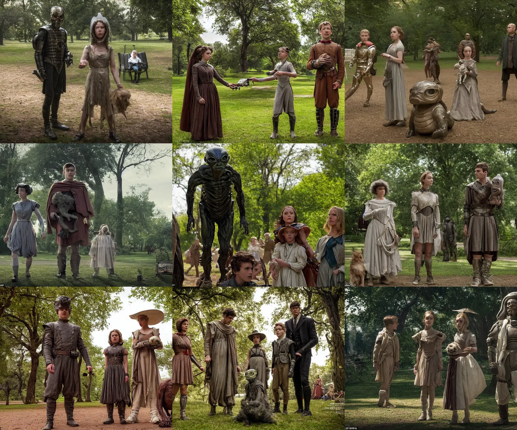 Prompt: sharp, highly detailed, film from a 2 0 1 9 sci fi 8 k movie, time travelers appear in a park, a boy from the roman empire and a girl with her pet alien from 1 8 7 0, each wearing correct era clothes, atmospheric lighting, in focus, reflective eyes, 3 5 mm macro lens, nice composition