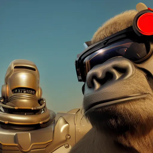 Image similar to cybernetic, anthropomorphic gorilla, face covered by cyberpunk visor, smooth round shapes, male, commission on furaffinity, cgsociety, octane render, beach in background
