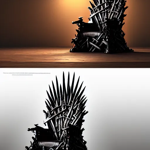 Image similar to a photorealistic render of the iron throne as a modern video gaming chair, led lights, glowing desktop pc, 8 k, artstation, volumetric lighting, smooth, highly detailed, octane render, by andres rocha and albert bierstadt and greg rutkowski