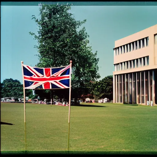 Prompt: mid century office building coastal lawn summer festival dancing wicker man union jack flags kodakchrome hdr daytime high detail