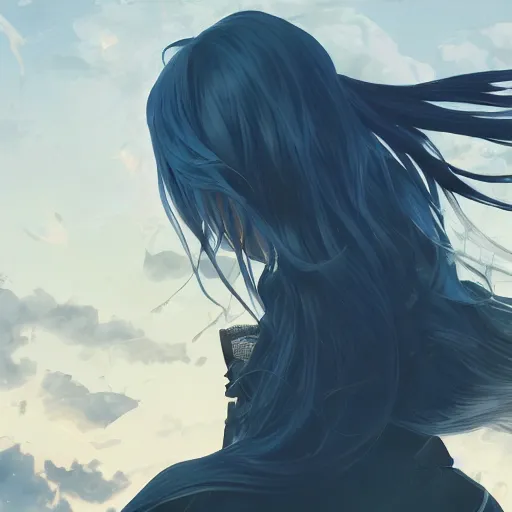 Image similar to low - angle shot from behind of a long blue - haired girl in a tailcoat overlooking demacia, combat boots, noir, screenshot, sharp focus, intricate, illustration, cell shaded, digital painting, highly detailed, straight hair, art by ilya kuvshinov, wlop, greg rutkowski, studio quality, james jean