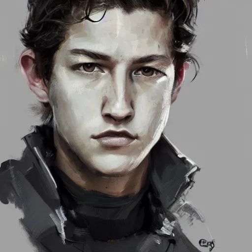 Prompt: portrait of a man by greg rutkowski, he looks like tye sheridan, he is about 2 0 years old, messy brown hair, tired eyes, he is wearing a black and white keblar superhero suit, highly detailed portrait, digital painting, artstation, concept art, smooth, sharp foccus ilustration, artstation hq