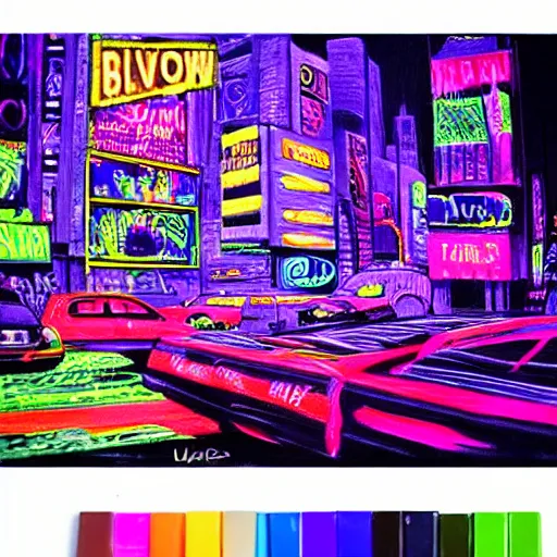 Prompt: realistic painting neon city black light highly detailed trending on art station