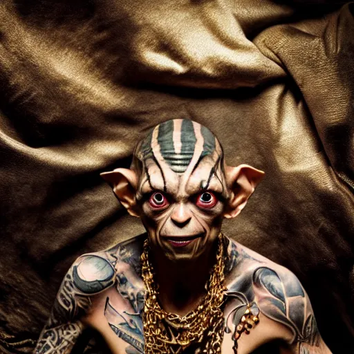 Image similar to gollum couching in a dungeon proudly wearing lots of gold and jewelry and bling, hip hop style, tattoos, lotr, imax, foggy atmosphere, bokeh, professional studio shot, stylized photo, single image