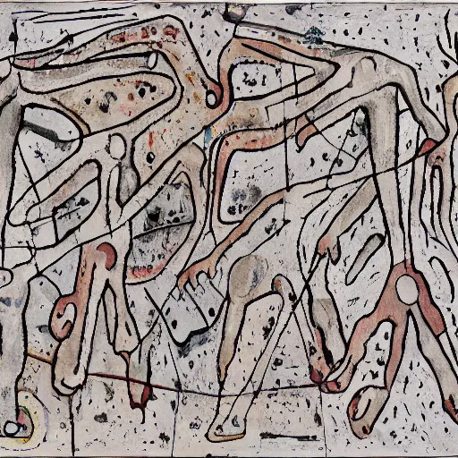 Image similar to desperation; pathetic creature with nothing to lose; hopelessness; drab landscape; desolation; dubuffet