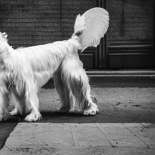 Prompt: photo of a white schnauzer dog with open wings on his back sitting on the street of an abandoned dystopic city, hyprrealism, 5 5 mm photo