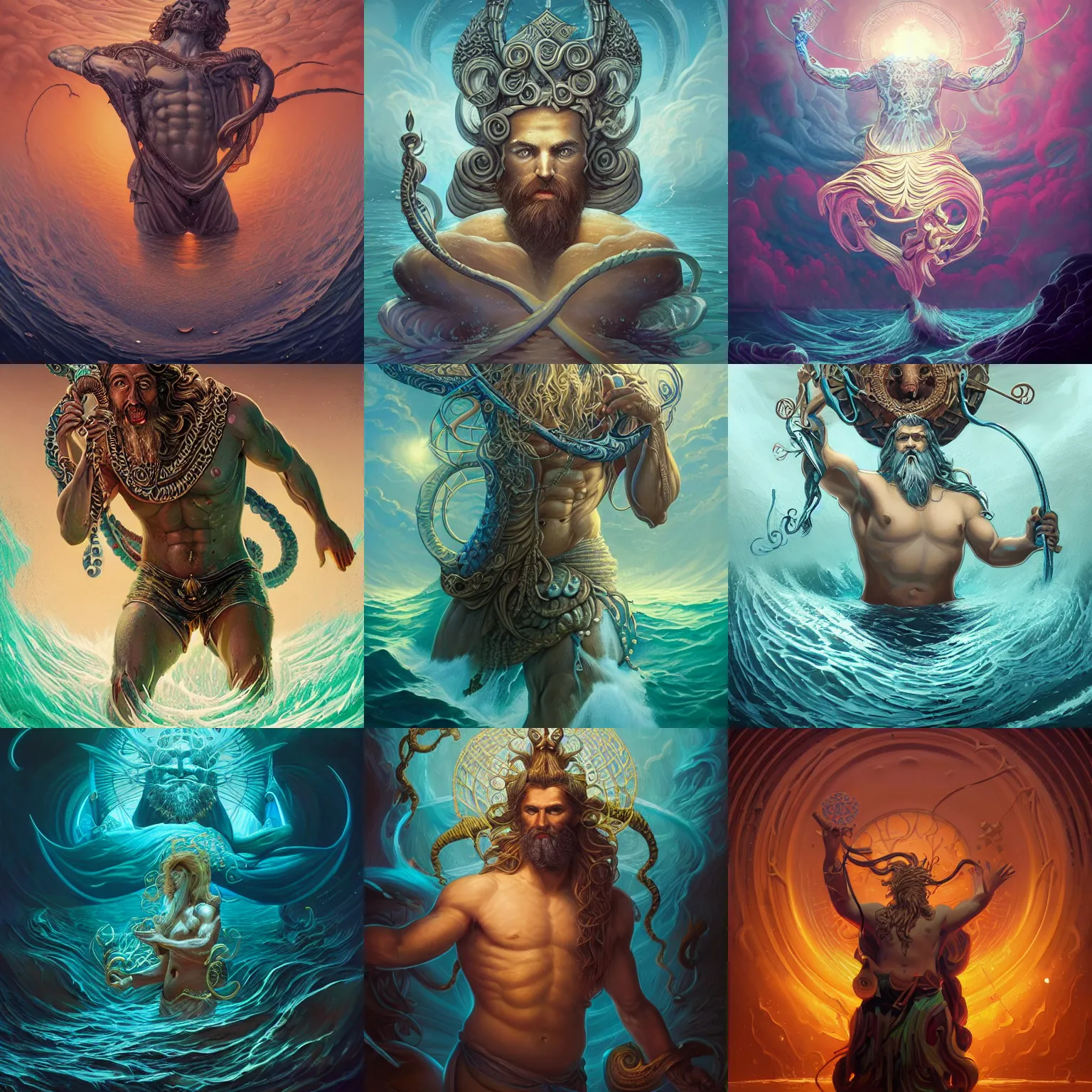 Prompt: intricate rendered portrait of posiedon the Greek god of the sea with ornate trident by Peter mohrbacher and Dan mumford and beeple, trending on cgsociety, fish squid and jellyfish, waves, vivid colors, dark shadows, contrast, concept art, sharp focus, digital art, Hyper-realistic, 4K, Unreal Engine, Highly Detailed, Dramatic Lighting, Beautiful, by Brom