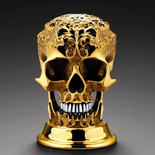 Image similar to a orante human skull with rococo carvings and gold plated detailing encased in an icecube