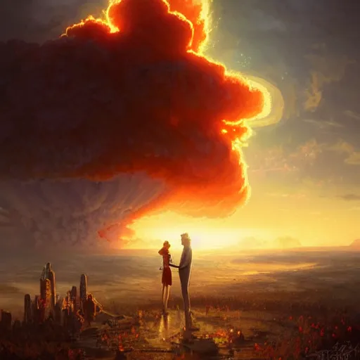 Prompt: a young couple watching a nuclear explosion, romantic, mushroom cloud, uplifting, happy, apocalytic detailed digital matte painting by artgerm, greg rutkowski and alphonse mucha