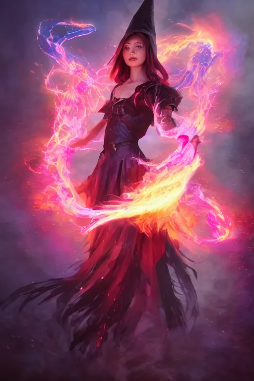 Image similar to a beautiful dark magician girl with a large witches hat covered in colourfull flames by Greg Rutkowski, Sung Choi, Mitchell Mohrhauser, Maciej Kuciara, Johnson Ting, Maxim Verehin, Peter Konig, final fantasy , mythical, 8k photorealistic, cinematic lighting, HD, high details, atmospheric,