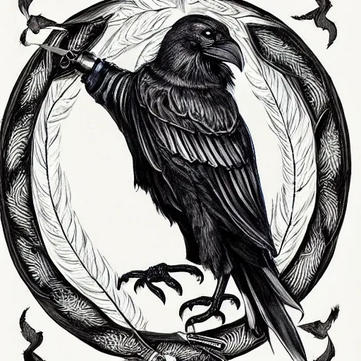Prompt: a crow, wings outstretched, within a circle of metal feathers surrounding, burning sword and sheild behind, full colour, family crest, coat of arms, very detailed, jonathan pointer, janie penny,