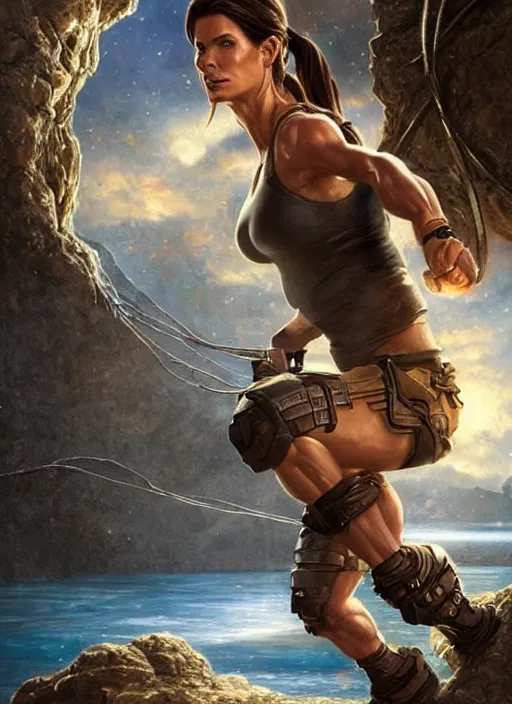 Prompt: muscled Sandra Bullock as Lara Croft as a ruggedly handsome heroine jumping off a glowing artifact lodged in shallow water, intricate, elegant, highly detailed, artstation, concept art, smooth, sharp focus, illustration, bokeh art by artgerm and donato giancola and Joseph Christian Leyendecker, WLOP, fireflies, distant snowstorm