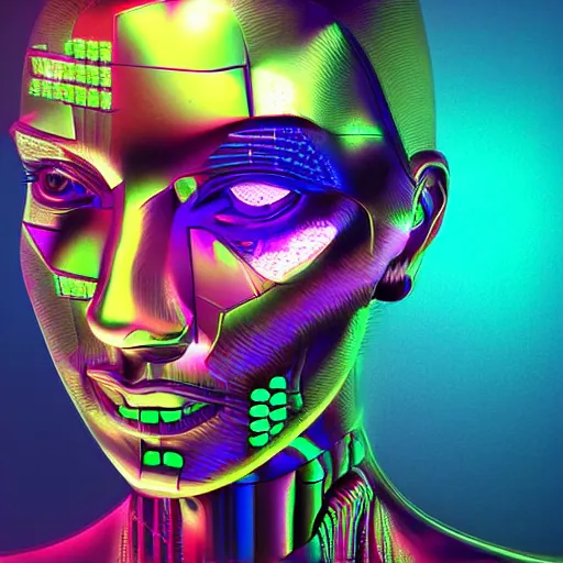 Image similar to chromatic 3d ultra realistic cyborg woman in psychedellic mirror environment digital art in synthwave style