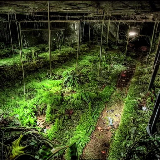 Image similar to abandoned, overgrown, underground bunker, room with mutated carnivorous plants, beautiful, underground