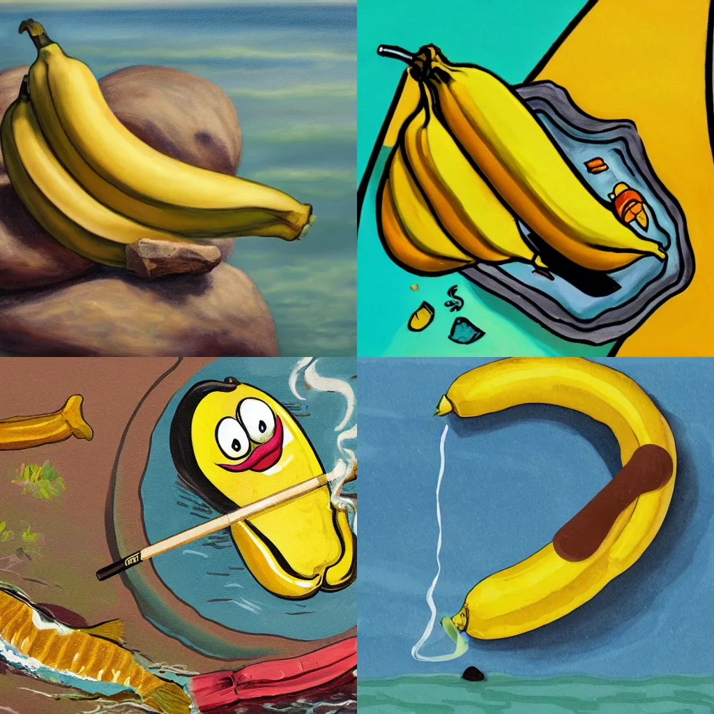 Prompt: Painting of a banana with a moustache, sitting on a rock in the sea and catching fish while smoking