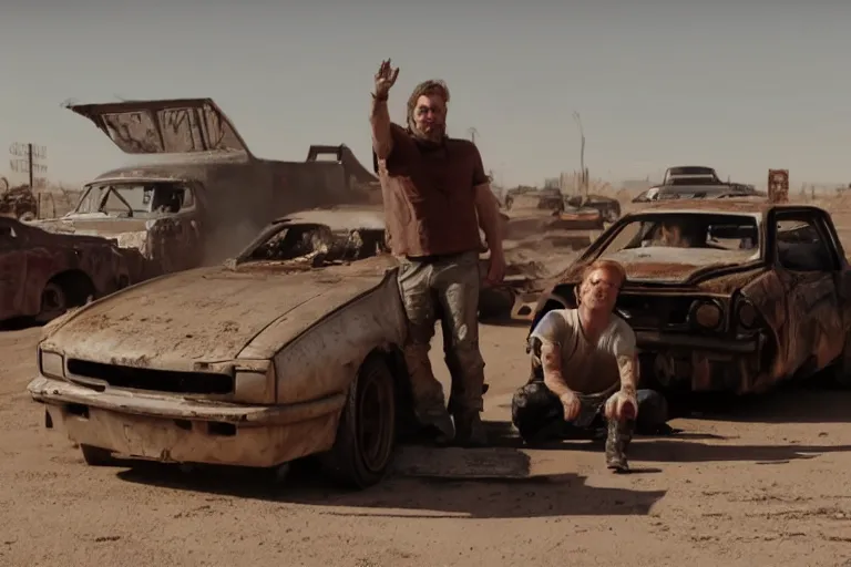 Prompt: Brian O'Connor in Mad Max Road Warrior, driving a (rusted), Nissan ((R34 GTR)), movie still, cinematic Eastman 5384 film, XF IQ4, 150MP, 50mm, F1.4, ISO 200, 1/160s, natural light