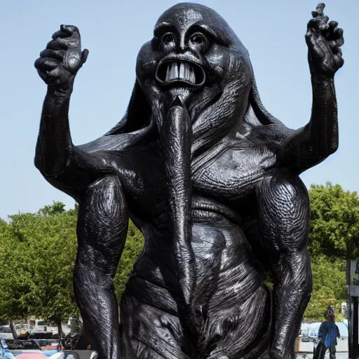 Prompt: giant sculpture of eldrich alien god, made of black stone, worshipped by crowd of neanderthals