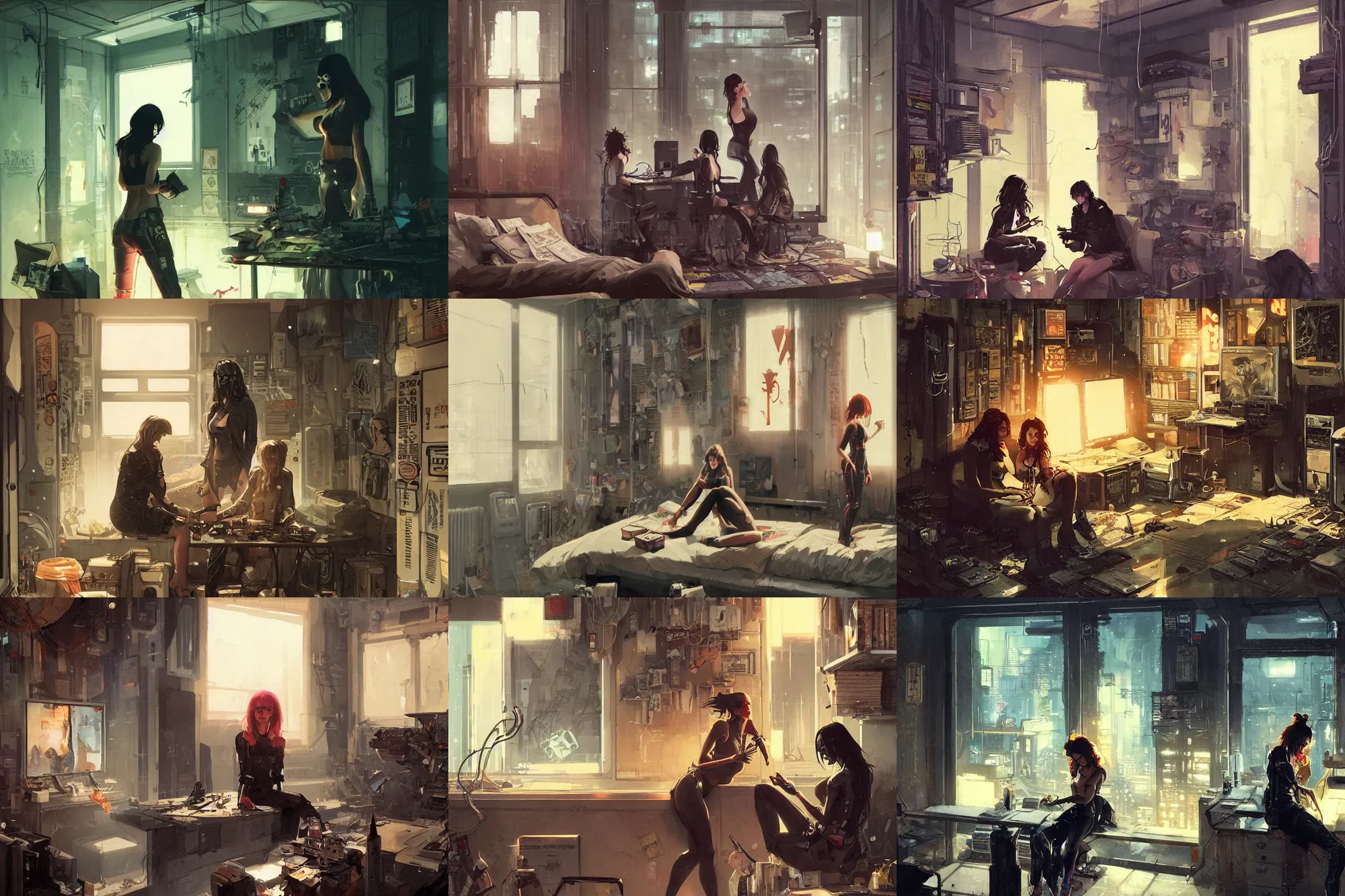 Prompt: women in the interior of a cyberpunk apartment, Milo Manara, Greg Rutkowski, night time, smoking cigarettes, playing games, highly detailed, Quentin Tarantino movie posters, pulp fiction, level design, concept art, artstation, cgsociety, zenith view