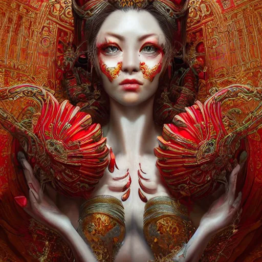 Image similar to The red alien lady, intricated traditional Chinese textures, rococo decorations, hyper detail, Unreal engine,Octane render, by Karol Bak