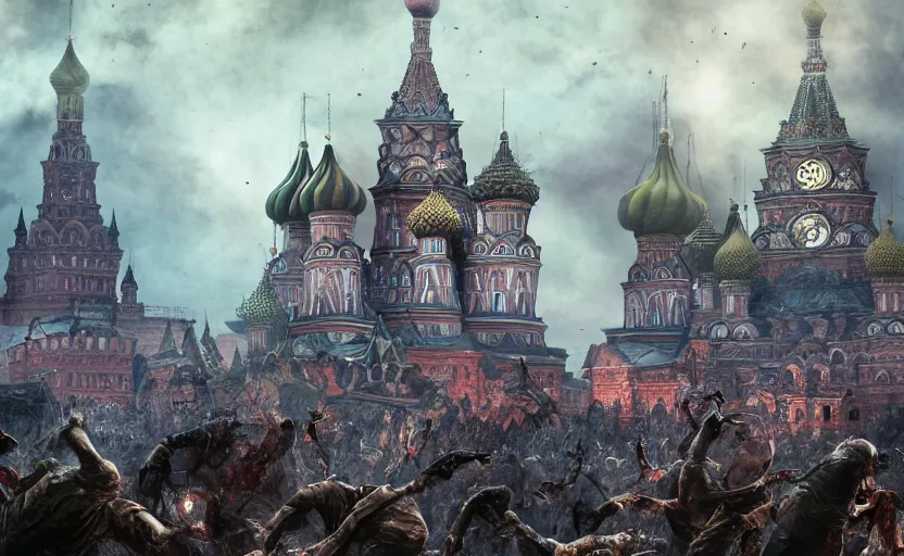 Prompt: zombie Putin on the Red Square, fantasy, intricate, сinematic lighting, insanely detailed, smooth, sharp focus, Artstation, 8k, unreal engine, hyper realistic, steampunk style, bright background, moonlight, volumetric lighting, wallpaper, digital illustration by Ruan Jia and Mandy Jurgens and Artgerm and Wayne Barlowe and Greg Rutkowski and Zdislav Beksinski