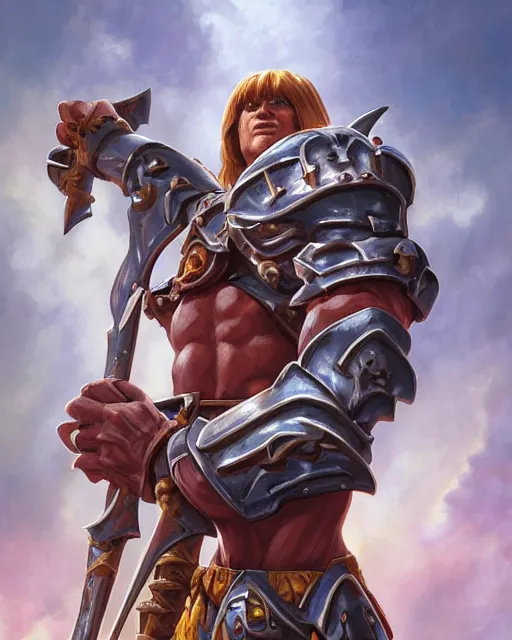 Image similar to He-Man!!!!!, close up, ghibli!! ,sci fi,fantasy, intricate, german iron cross chest armor ,elegant, loin cloth ,highly detailed, oil painting, artstation, concept art, matte, sharp focus, illustration, dramatic, sunset,hearthstone, art by Artgerm and Greg Rutkowski and Alphonse Mucha
