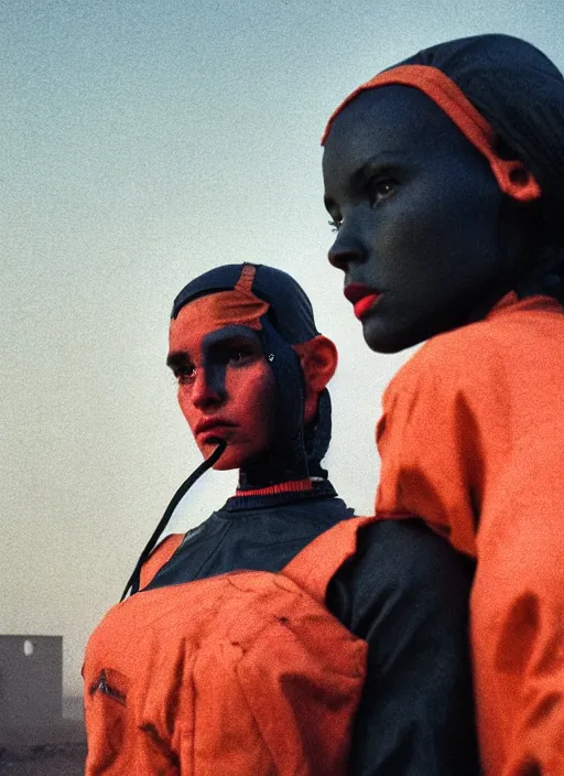 Image similar to cinestill 5 0 d photographic portrait by steve mccurry of two loving female androids wearing rugged black mesh techwear in a brutalist compound with a red sky, extreme closeup, cyberpunk style, dust storm, 8 k, hd, high resolution, 3 5 mm, f / 3 2, ultra realistic faces, ex machina