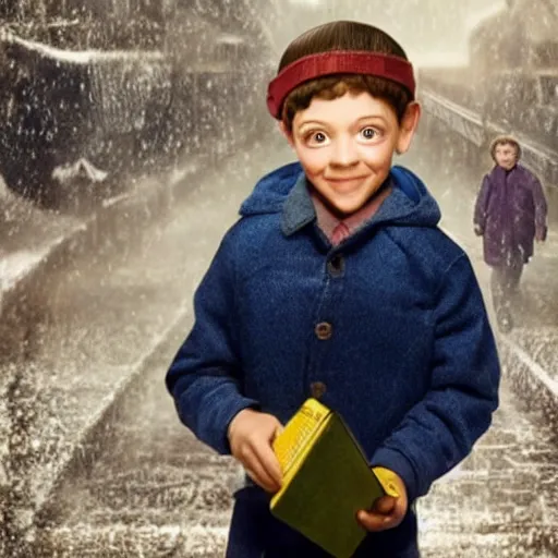 Prompt: the kid from polar express holding out his phone