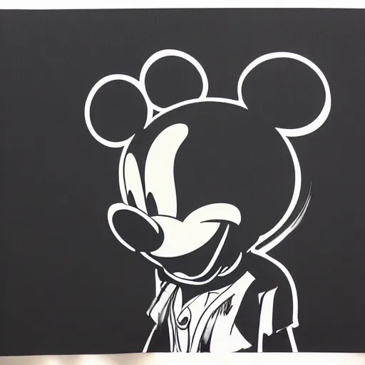 Image similar to Mickey Mouse with a malevolent smile, Yoji Shinkawa, Manga art, style of Ink