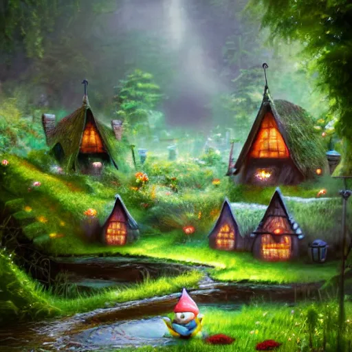 Image similar to forest grove, little gnomes, wooden moss covered houses, birds, flowing streams, cobblestone, windows lit up, thatched roofs, smoke puffing from chimneys, great forest trees, beautiful flowers, magical sunlight, yoshitaka amano, stunning, trending, best ever digital illustration,