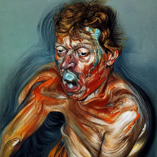 Image similar to high quality high detail painting of a man in agony by lucian freud and jenny saville and francis bacon, hd, anxiety, turquoise and orange