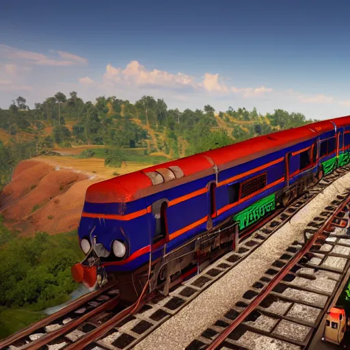 Image similar to drone shot of an indian train, highly detailed, photorealistic portrait, bright studio setting, studio lighting, crisp quality and light reflections, unreal engine 5 quality render