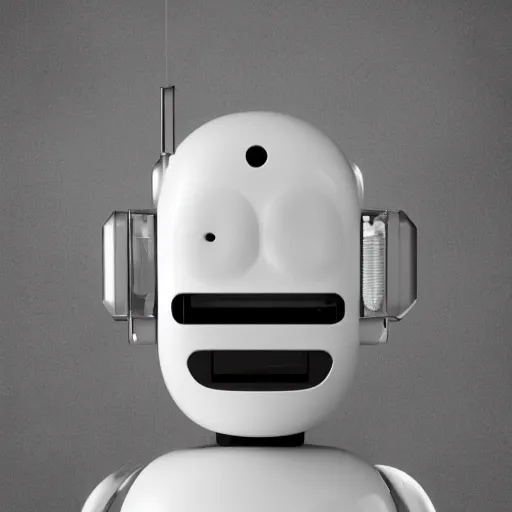 Prompt: studio photo portait of a bot waiting for customers, slightly happy