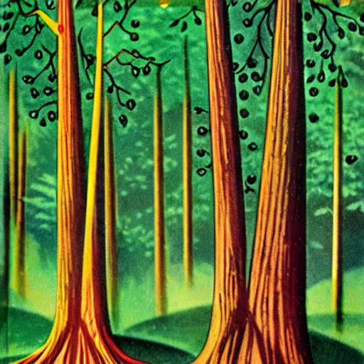 Prompt: 1960s art of tree in magic forest