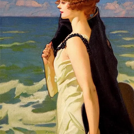 Prompt: woman on black dress, part leyendecker style, sea behind, pretty face, part dean cornwell style