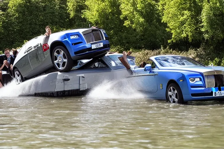 Image similar to Group of teenagers push Rolls-Royce into lake with their hands from a small slide