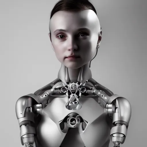 Prompt: beautiful centered fine art photo portrait of beautiful girl as a solarpunk robotic humanoid, white mechanical parts with led lights, bouguereau style pose, photorealistic, white background, highly detailed and intricate, soft box lighting, hdr 8 k